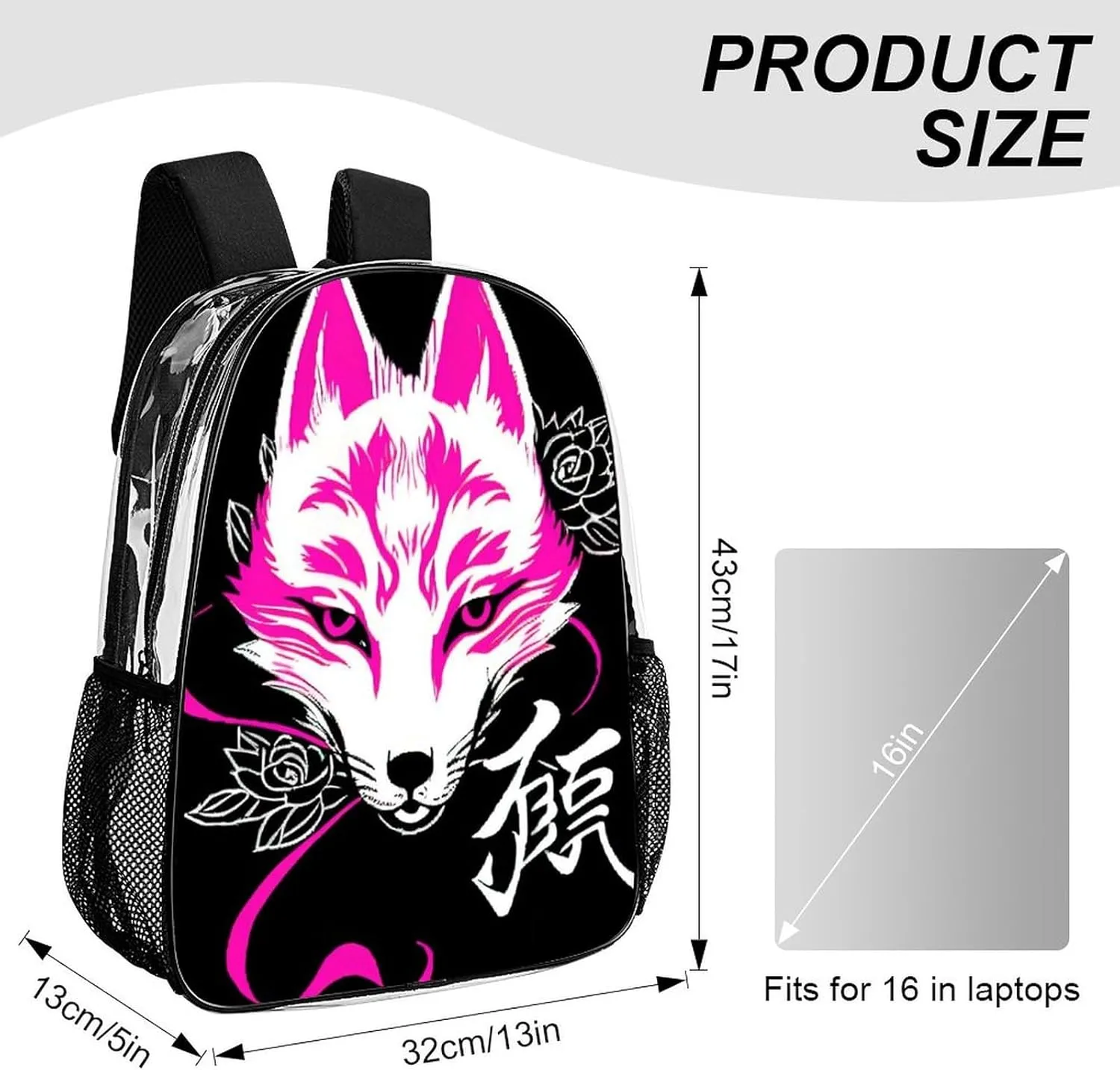Rucksack Anti-Theft Multipurpose Large Capacity Carry On Bag - Japanese Kitsune Mask Art Travel Hiking Day Pack Transparent Bag