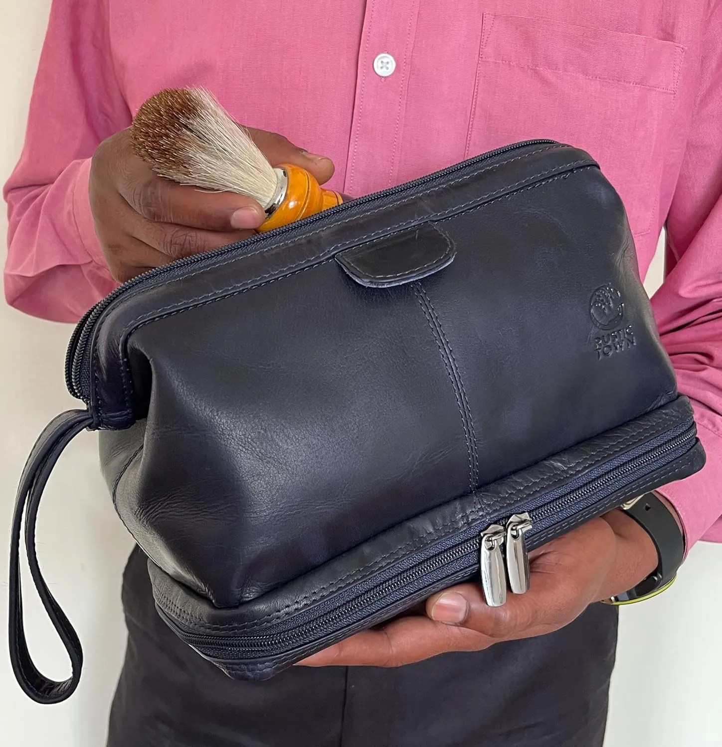 RUSTIC TOWN Leather Toiletry Bag for Men - Travel Shaving Dopp Kit - Bathroom Shower Toiletries Organizer - Cosmetic Makeup Bag for Women