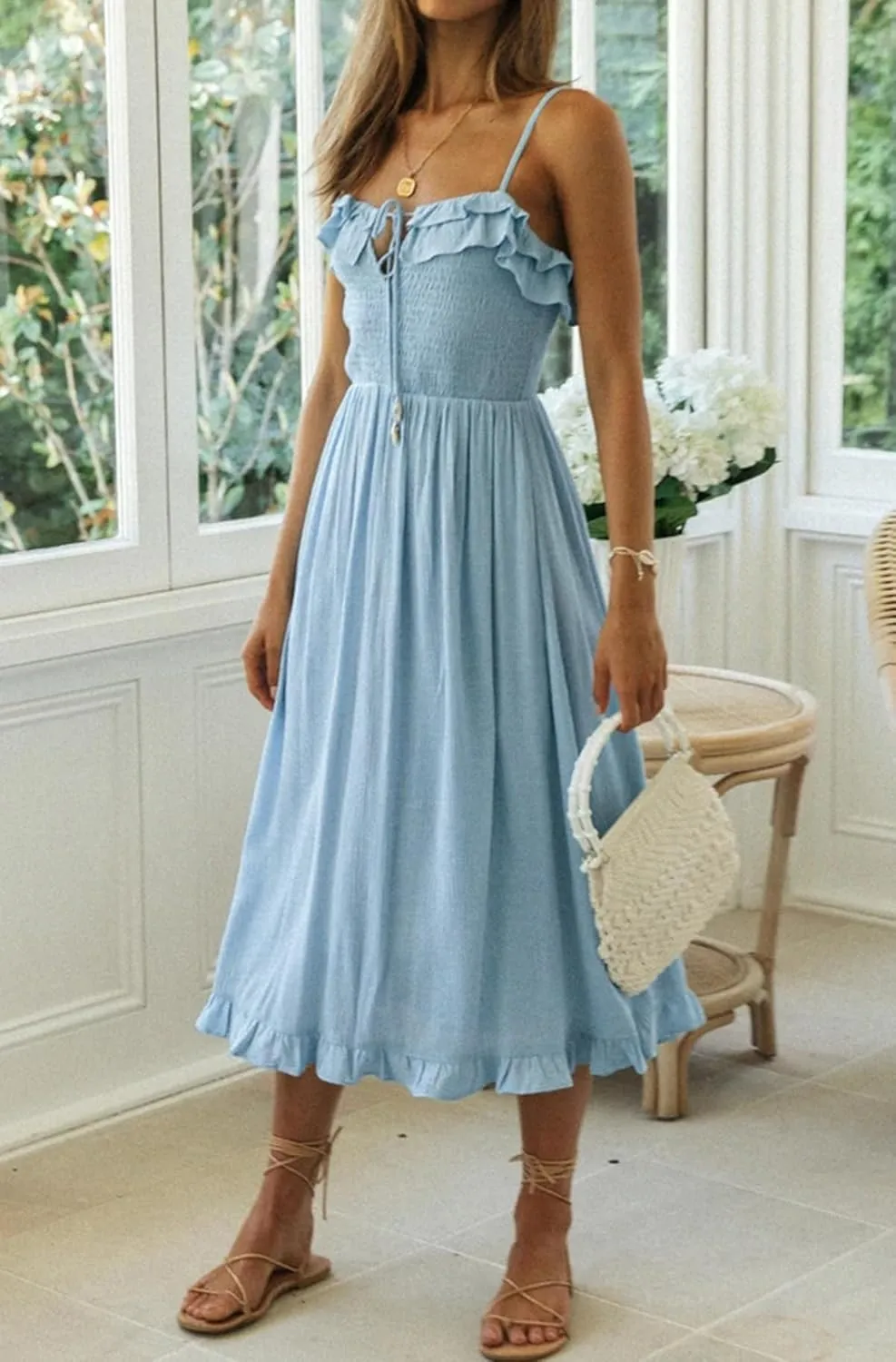 R.Vivimos Womens Summer Cotton Spaghetti Straps V-Neck Ruffle Casual Boho Midi Flowy Dress