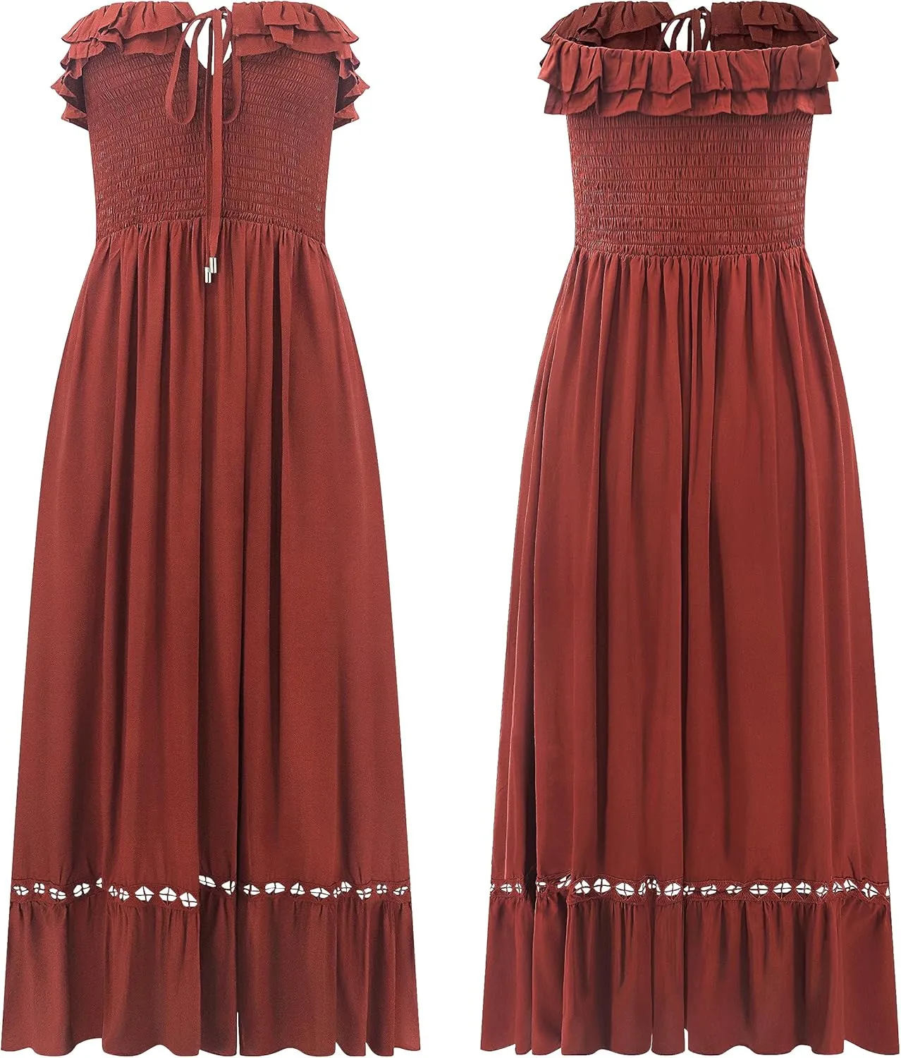 R.Vivimos Womens Summer Cotton Spaghetti Straps V-Neck Ruffle Casual Boho Midi Flowy Dress