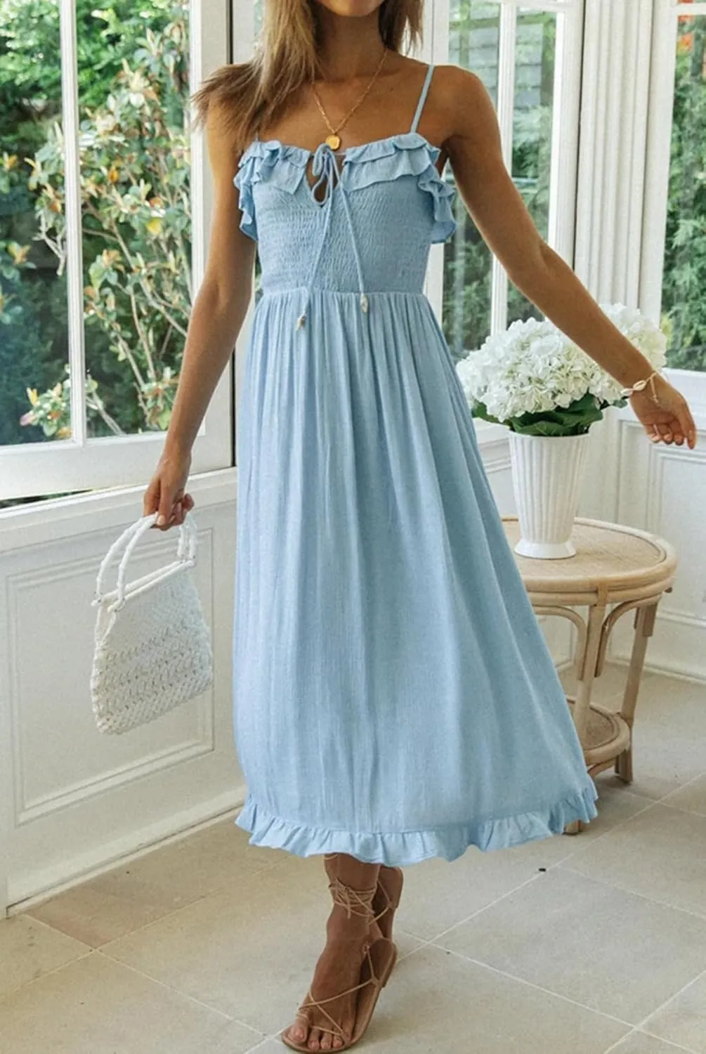 R.Vivimos Womens Summer Cotton Spaghetti Straps V-Neck Ruffle Casual Boho Midi Flowy Dress