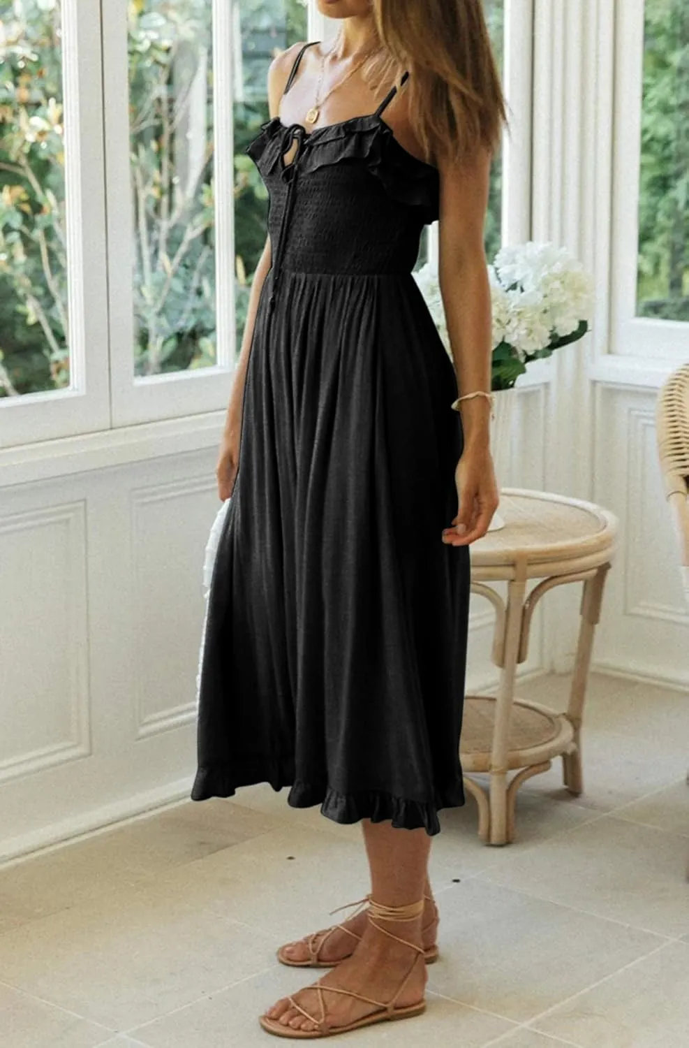 R.Vivimos Womens Summer Cotton Spaghetti Straps V-Neck Ruffle Casual Boho Midi Flowy Dress