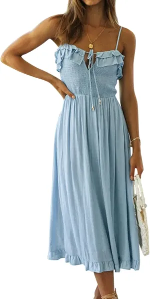 R.Vivimos Womens Summer Cotton Spaghetti Straps V-Neck Ruffle Casual Boho Midi Flowy Dress