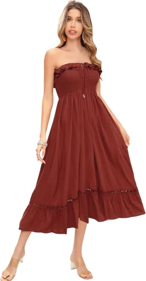 R.Vivimos Womens Summer Cotton Spaghetti Straps V-Neck Ruffle Casual Boho Midi Flowy Dress