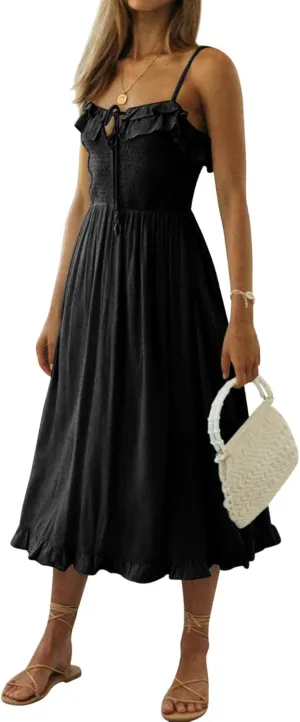 R.Vivimos Womens Summer Cotton Spaghetti Straps V-Neck Ruffle Casual Boho Midi Flowy Dress