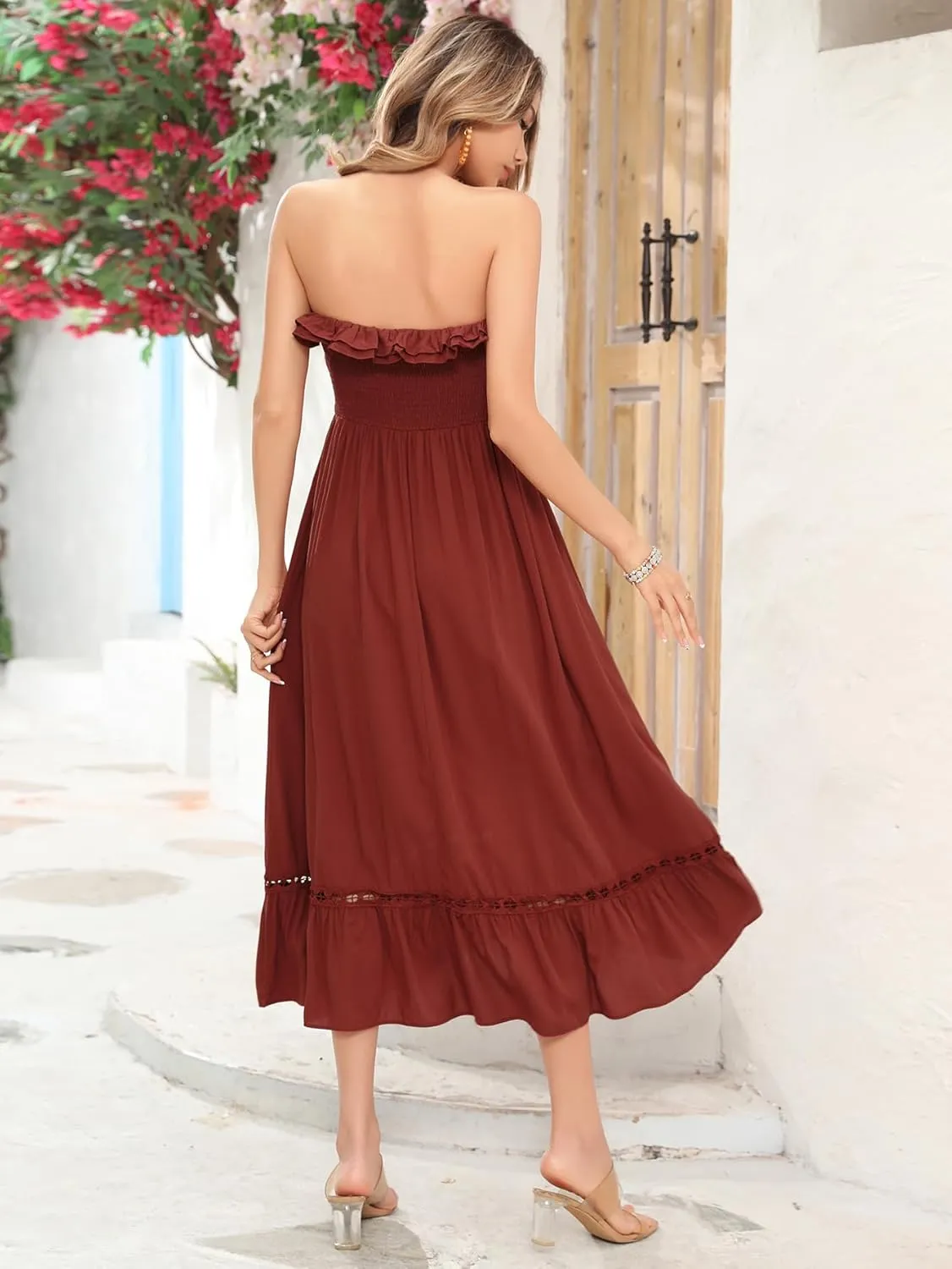 R.Vivimos Womens Summer Cotton Spaghetti Straps V-Neck Ruffle Casual Boho Midi Flowy Dress