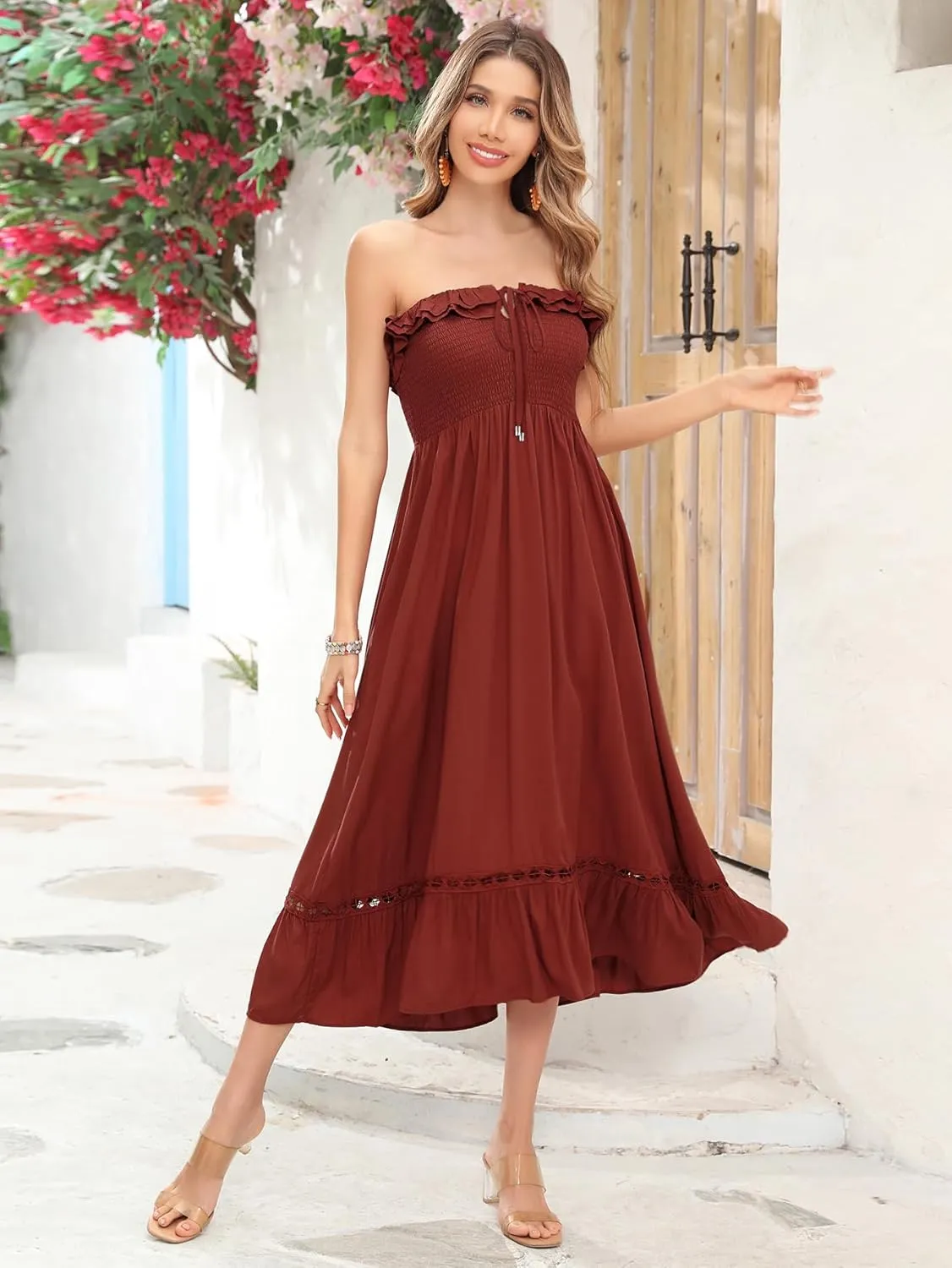 R.Vivimos Womens Summer Cotton Spaghetti Straps V-Neck Ruffle Casual Boho Midi Flowy Dress