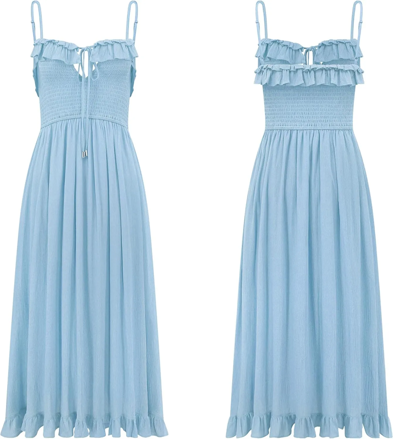 R.Vivimos Womens Summer Cotton Spaghetti Straps V-Neck Ruffle Casual Boho Midi Flowy Dress