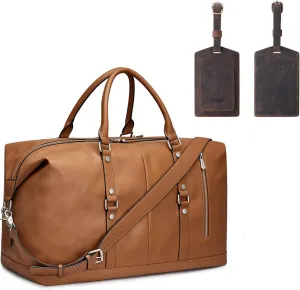 S-ZONE Genuine Leather Women Travel Duffle with 2 Pieces Leather Luggage Tags Label