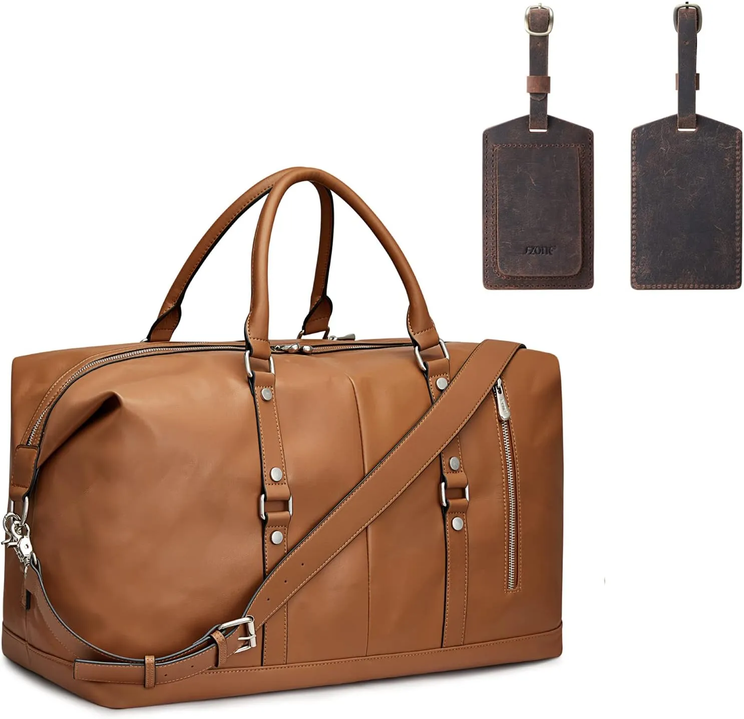 S-ZONE Genuine Leather Women Travel Duffle with 2 Pieces Leather Luggage Tags Label