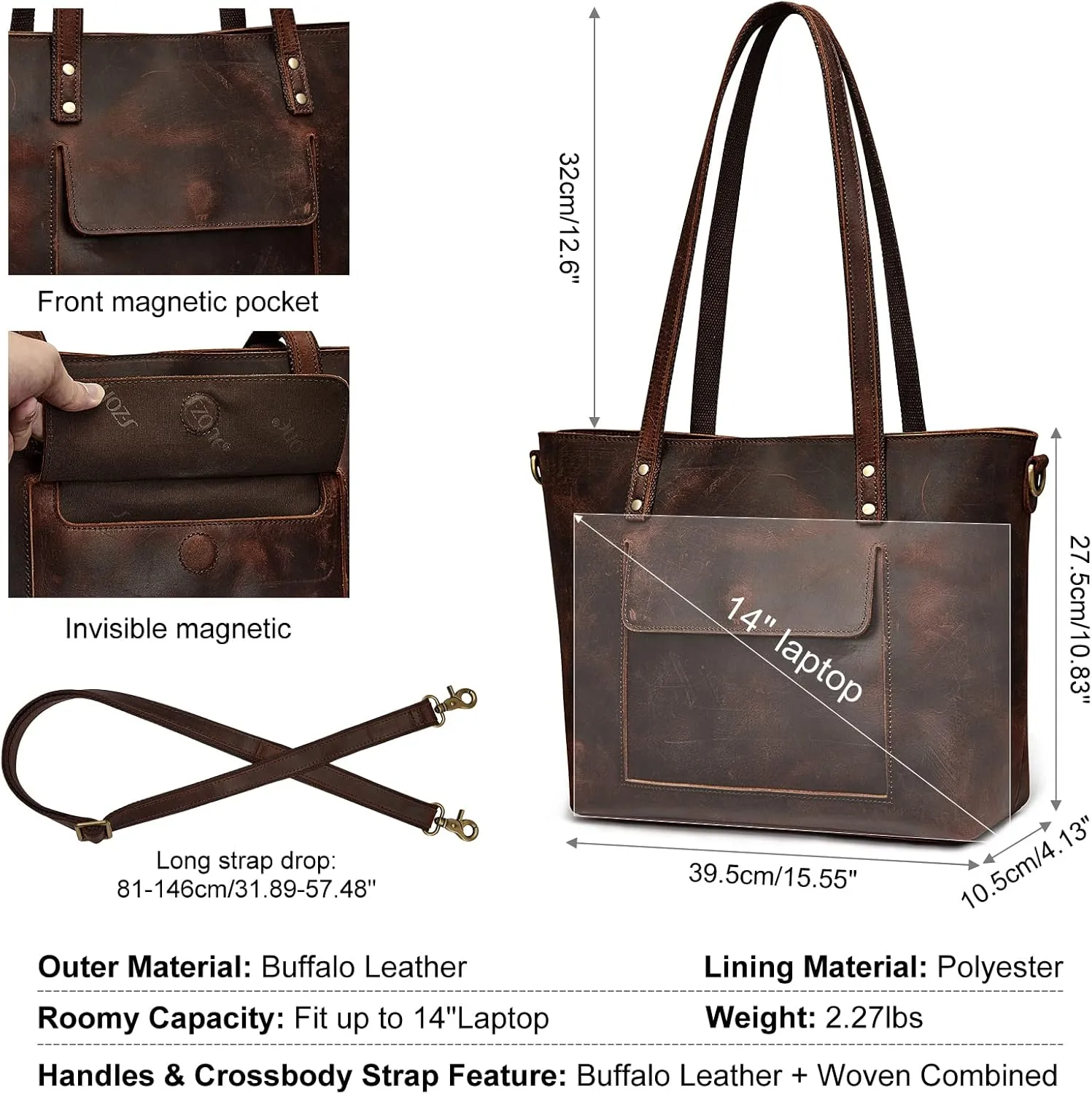 S-ZONE Women Genuine Leather Tote Bag Shoulder Handbag Vintage Crossbody Purse