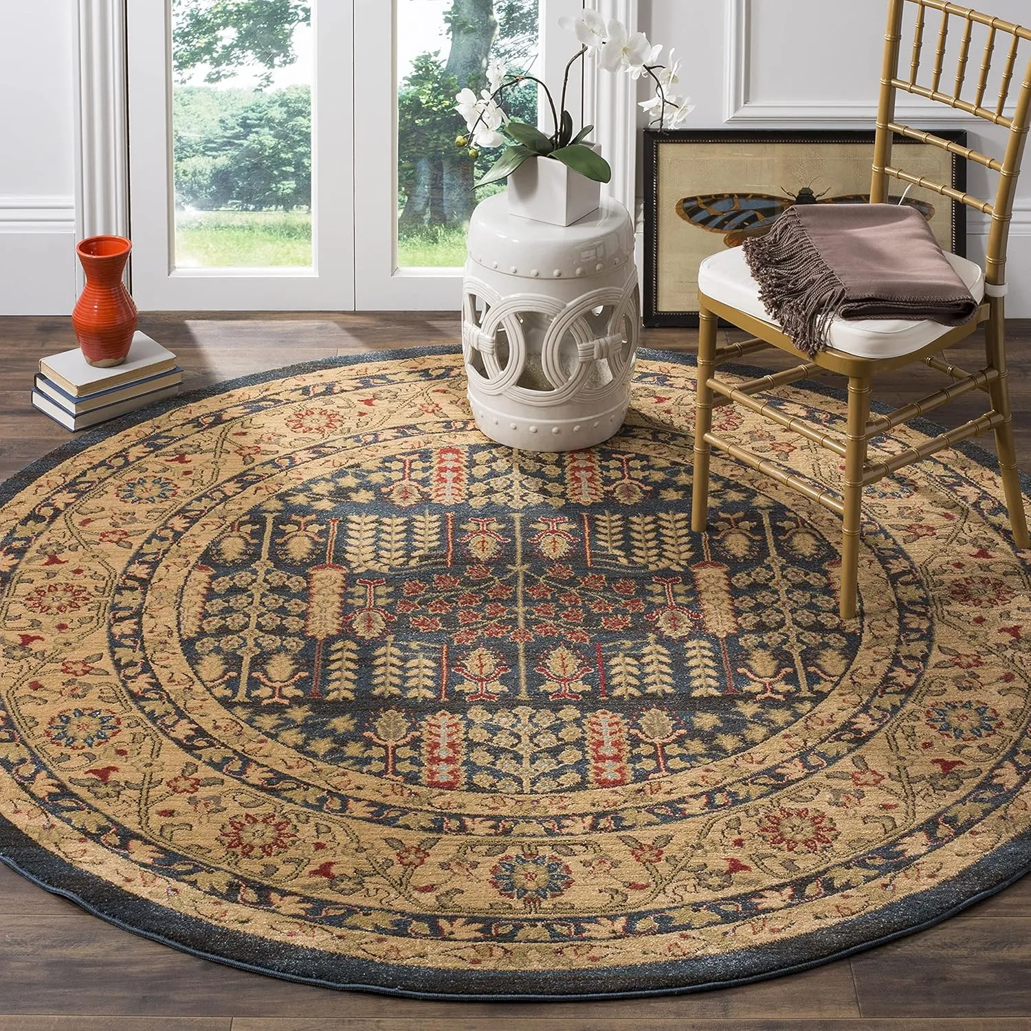 SAFAVIEH Mahal Collection 6'7" Round Navy / Natural MAH697E Traditional Oriental Non-Shedding Dining Room Entryway Foyer Living Room Bedroom Area Rug