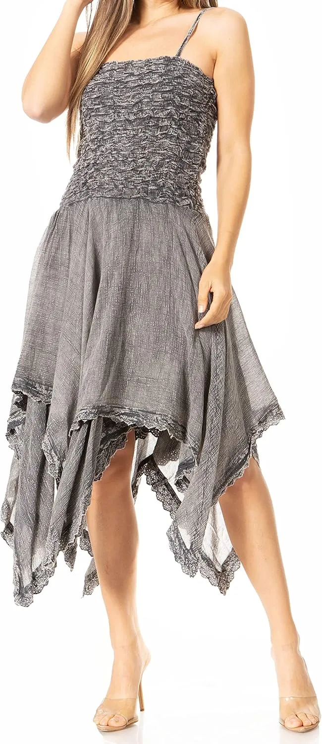 Sakkas Ella Smocked Bodice Spaghetti Strap Double Layered Dress