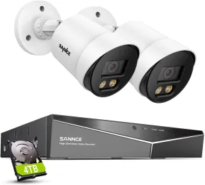 SANNCE CCTV Security Camera System 1080P Colour Night Vision, 8 Channel Digital Video Recorder DVR with Hard Drive 4TB, 2PCS Surveillance Bullet Cameras Outdoor IP66, Motion Detection, Easy DIY