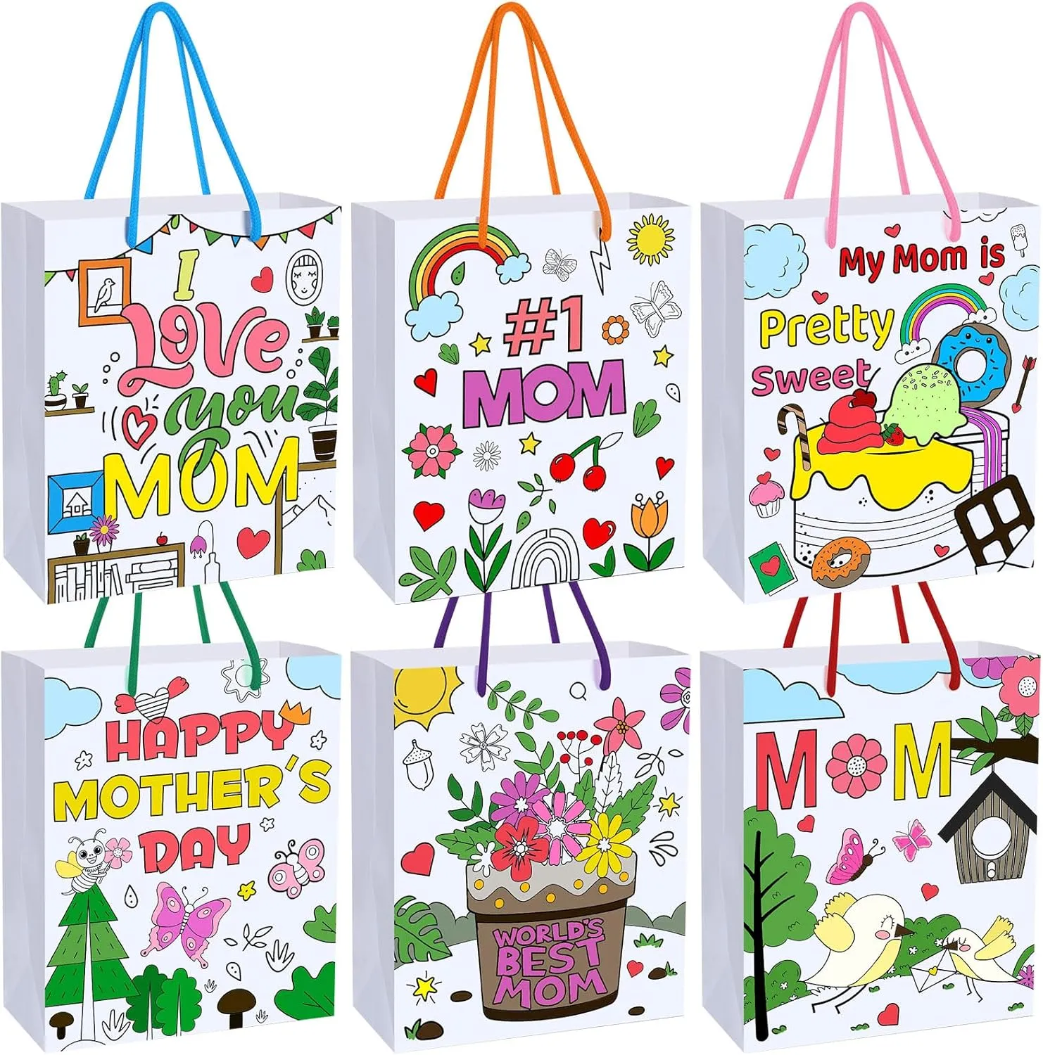 Sayglossy 24 Pcs Mother's Day Coloring Bags 9 x 7.5 x 3.5 Color Your Own Mom Paper Gift Bag Bulk in DIY Mother's Day Crafts Paper Bag with Handle for Birthday Party School Home Activities, 6 Styles
