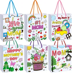 Sayglossy 24 Pcs Mother's Day Coloring Bags 9 x 7.5 x 3.5 Color Your Own Mom Paper Gift Bag Bulk in DIY Mother's Day Crafts Paper Bag with Handle for Birthday Party School Home Activities, 6 Styles