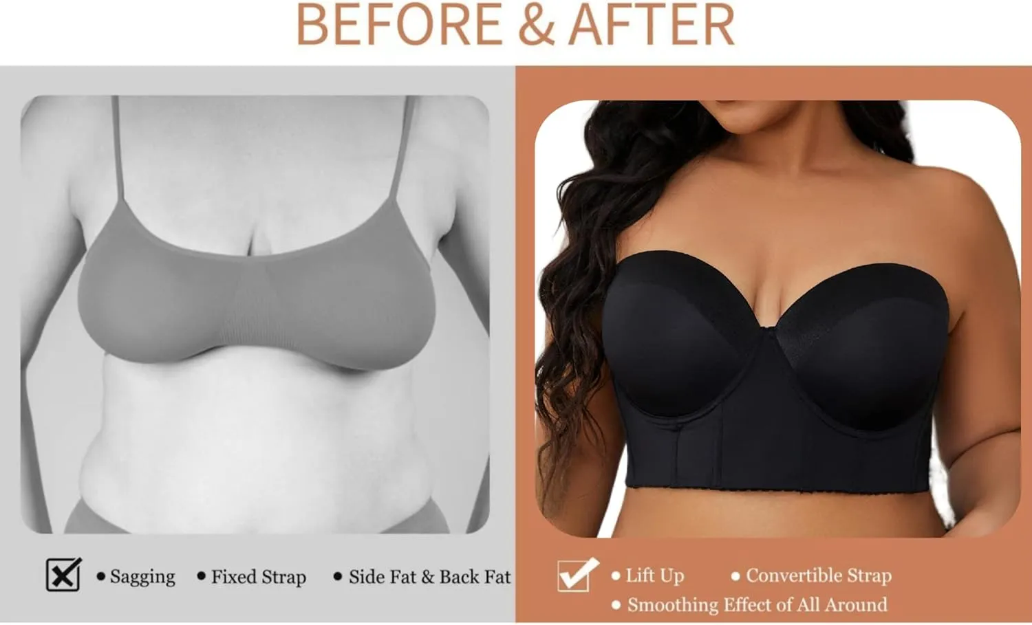 SEA BBOT Women Longline Strapless Bra Full Coverage Corset Bra Hide Back Fat