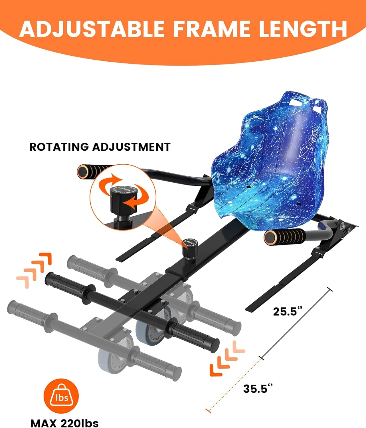 Seat Attachment Combo, Go Kart Accessories with Adjustable Frame Length for 6.5" 8" 10" into Self Balancing Scooter, Ideal Gift for Kids & Adults