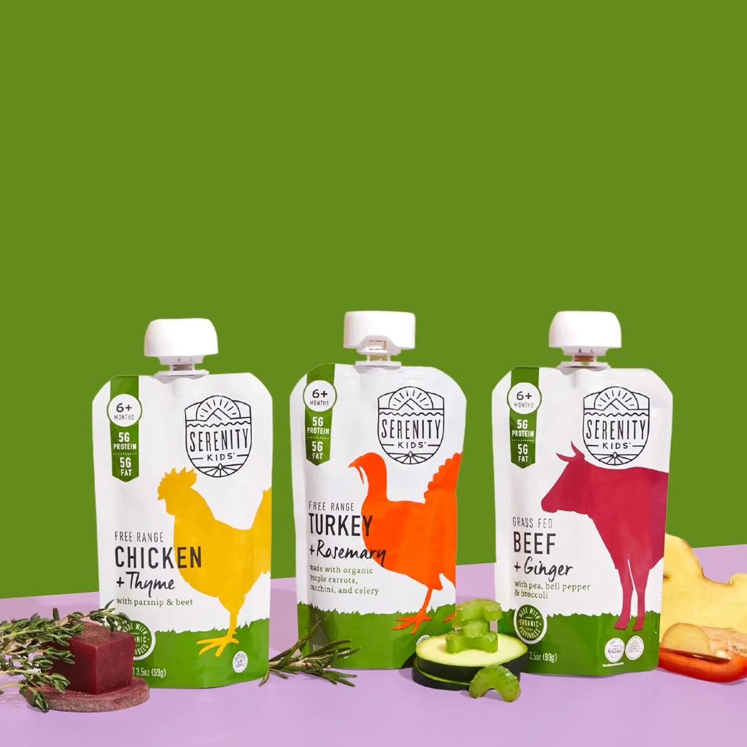 Serenity Kids 6  Months Baby Food Pouches Puree with Ethically Sourced Meat & Organic Veggies - 3.5 oz BPA-Free, Meat & Herbs Variety Pack - 6 Count