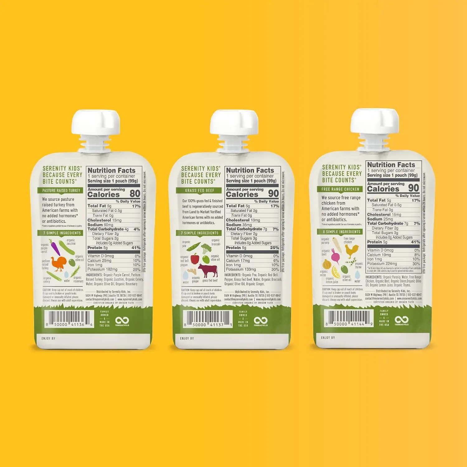 Serenity Kids 6  Months Baby Food Pouches Puree with Ethically Sourced Meat & Organic Veggies - 3.5 oz BPA-Free, Meat & Herbs Variety Pack - 6 Count