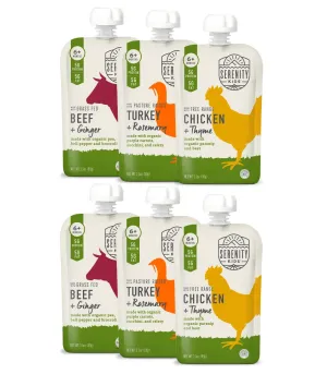 Serenity Kids 6  Months Baby Food Pouches Puree with Ethically Sourced Meat & Organic Veggies - 3.5 oz BPA-Free, Meat & Herbs Variety Pack - 6 Count