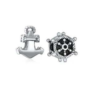 Set of 2 Nautical Boat Ship Wheel and Anchor Rope Charm Bead Sterling Silver