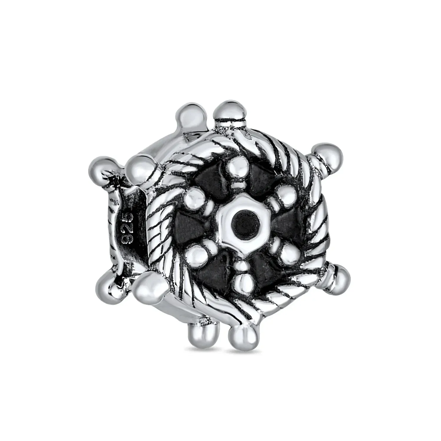 Set of 2 Nautical Boat Ship Wheel and Anchor Rope Charm Bead Sterling Silver
