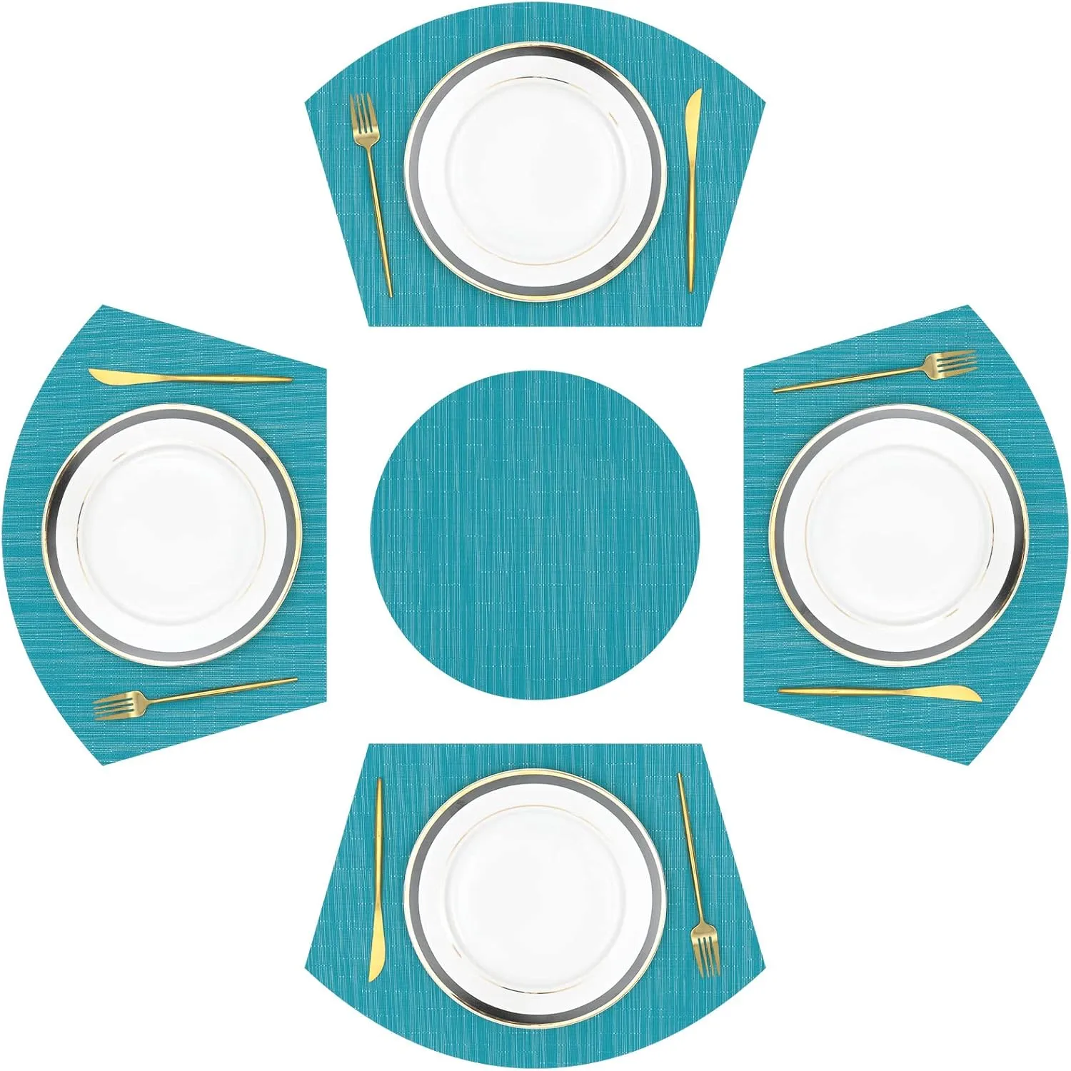 SHACOS Large Size Wedge Placemats with Centerpiece Round Mat Set of 5 Round Table Place Mats Washable Dining Table Placemats Reversible Durable, Blue