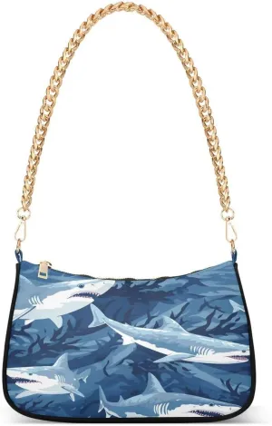 Shark Blue Coral Reef Tote Bag Hobo Handbag Shoulder Bag for Women Ladies Mini Clutch Purse with Zipper Closure