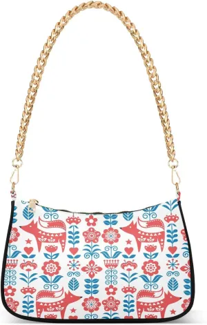 Shoulder Bag for Women Folk Flowers Fox Animals Hobo Purses Handbags for Women with Chain Strap