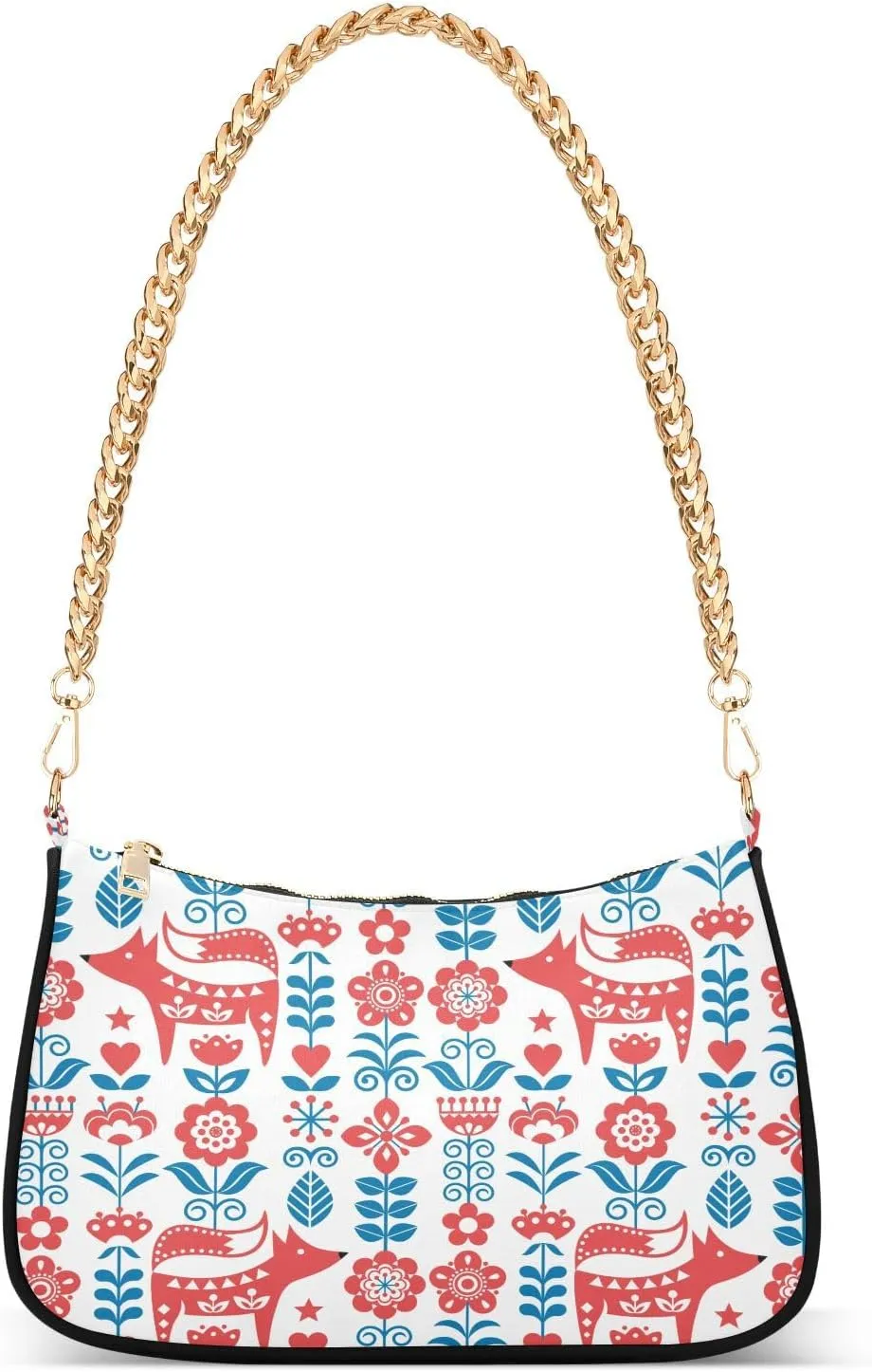 Shoulder Bag for Women Folk Flowers Fox Animals Hobo Purses Handbags for Women with Chain Strap