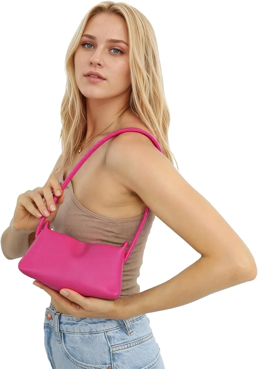 Shoulder Bag for Women Y2K Trendy Purse Rubber Handle Mini Clutch Underarm Purse with Zipper Closure