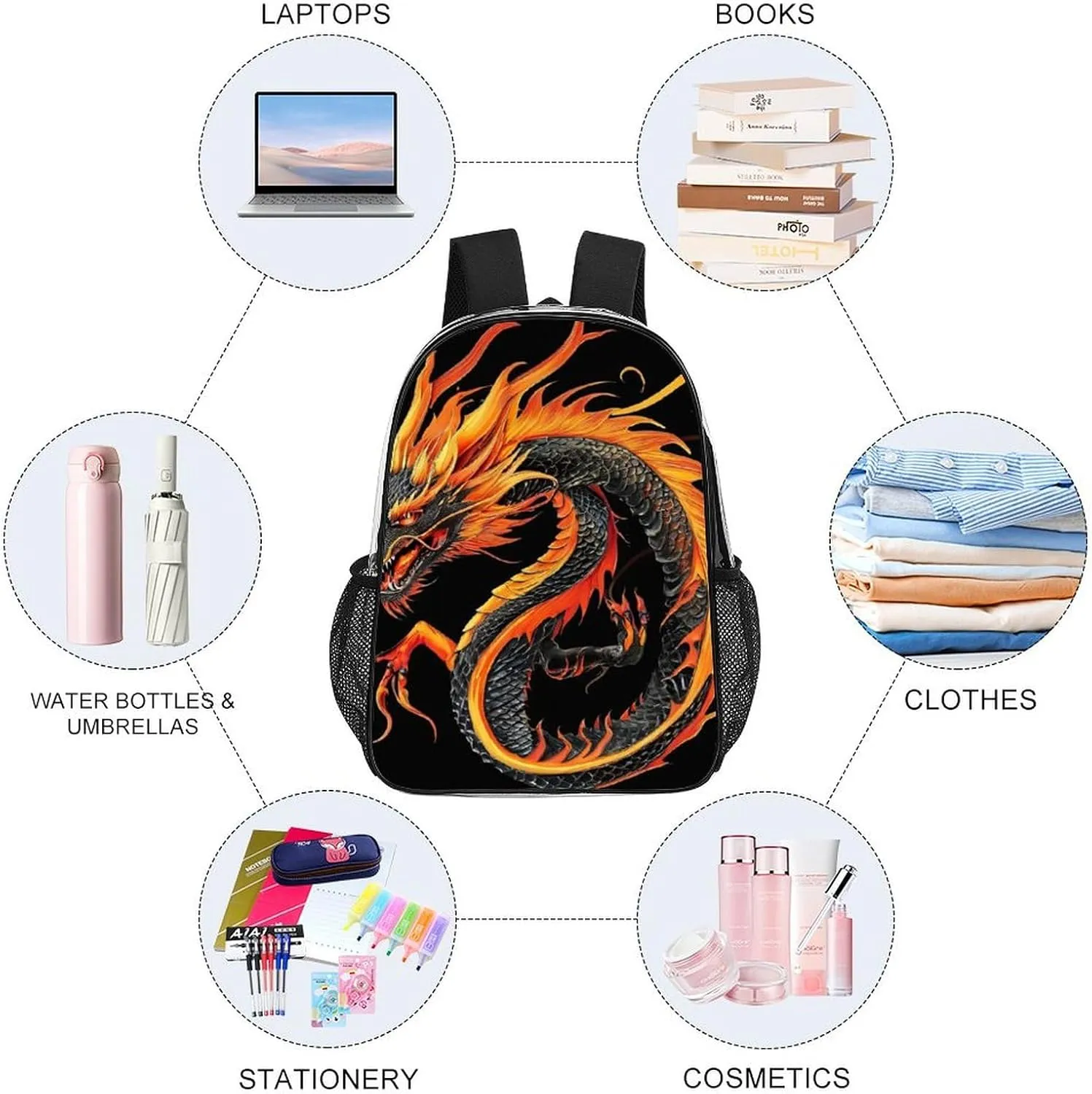Shoulder Book Bags Anti-Theft Multipurpose Big Capacity Bookbag - Burning Flaming Fire Chinese Dragon Black Travel Hiking Backpack Transparent Bag
