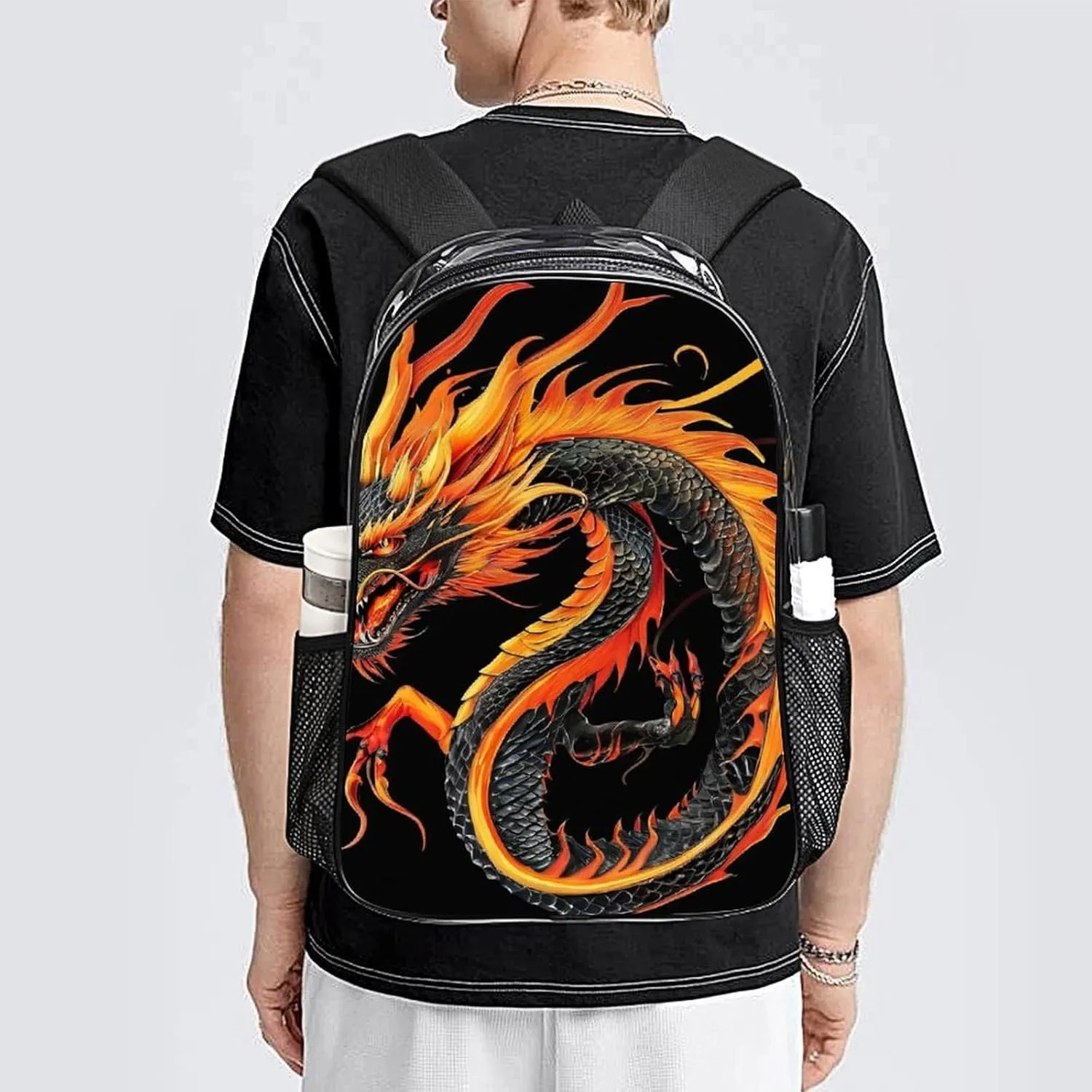 Shoulder Book Bags Anti-Theft Multipurpose Big Capacity Bookbag - Burning Flaming Fire Chinese Dragon Black Travel Hiking Backpack Transparent Bag