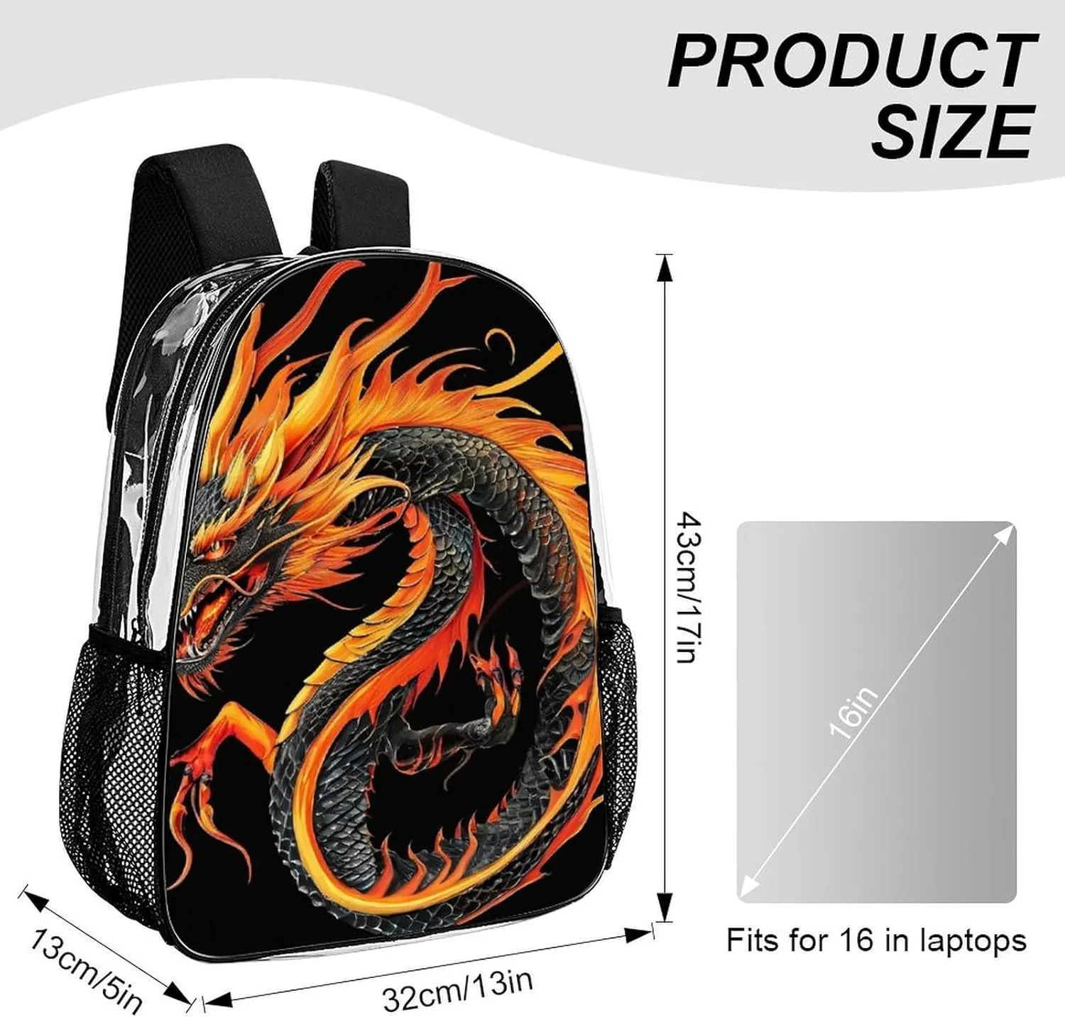 Shoulder Book Bags Anti-Theft Multipurpose Big Capacity Bookbag - Burning Flaming Fire Chinese Dragon Black Travel Hiking Backpack Transparent Bag