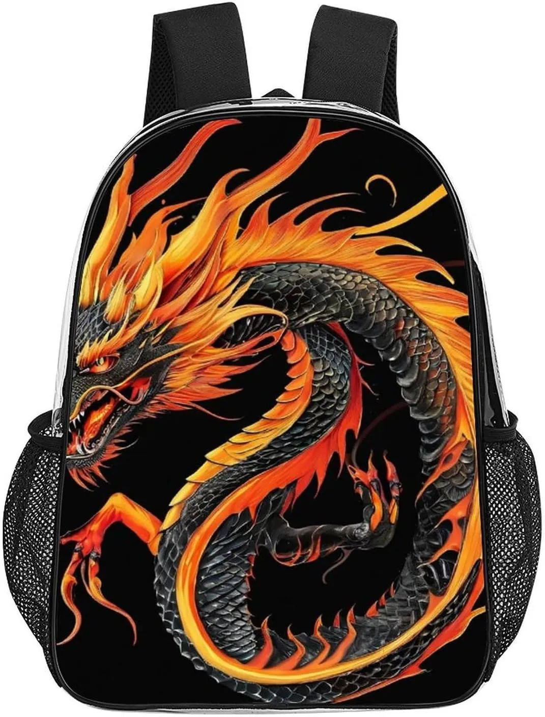 Shoulder Book Bags Anti-Theft Multipurpose Big Capacity Bookbag - Burning Flaming Fire Chinese Dragon Black Travel Hiking Backpack Transparent Bag