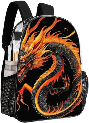 Shoulder Book Bags Anti-Theft Multipurpose Big Capacity Bookbag - Burning Flaming Fire Chinese Dragon Black Travel Hiking Backpack Transparent Bag