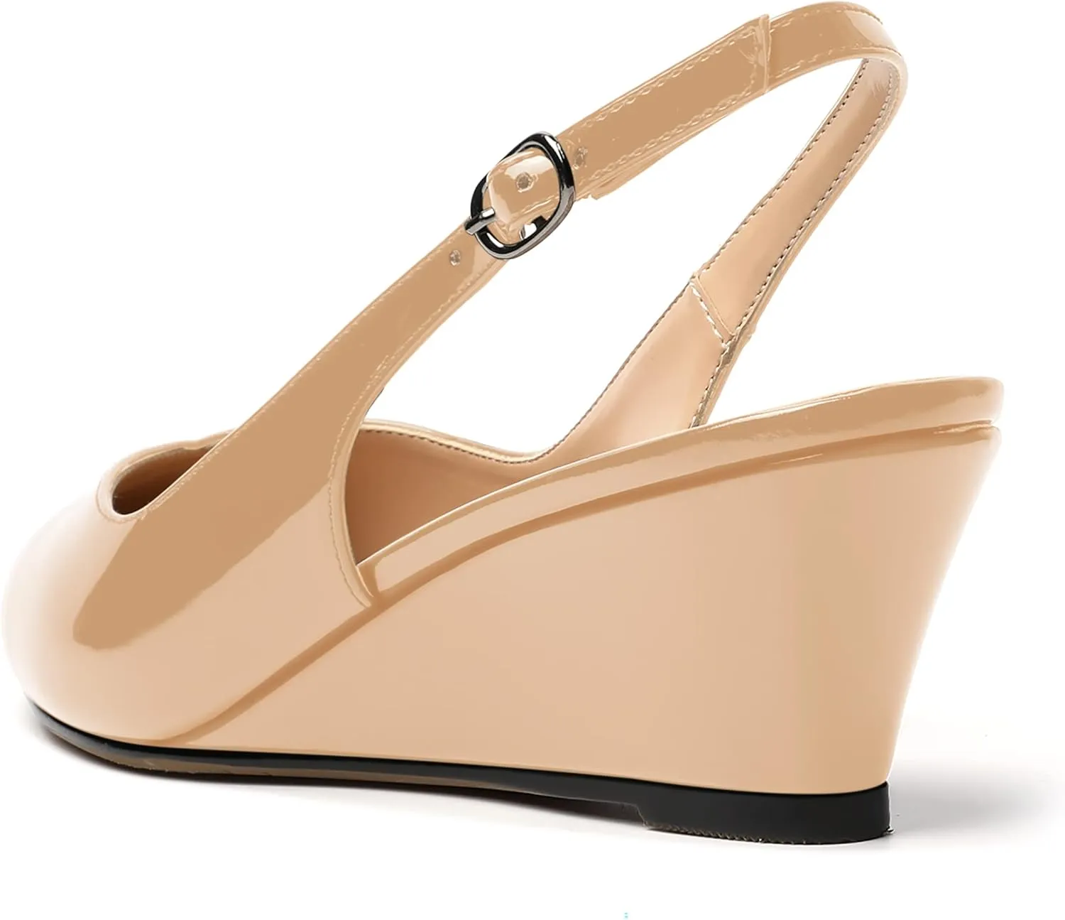 SHOWFOREST Women's Dating Adjustable Strap Buckle Solid Fashion Patent Pointed Toe Wedge Low Heel Pumps Shoes 2 Inch