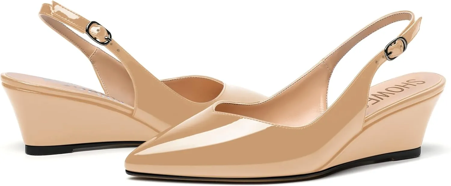 SHOWFOREST Women's Dating Adjustable Strap Buckle Solid Fashion Patent Pointed Toe Wedge Low Heel Pumps Shoes 2 Inch