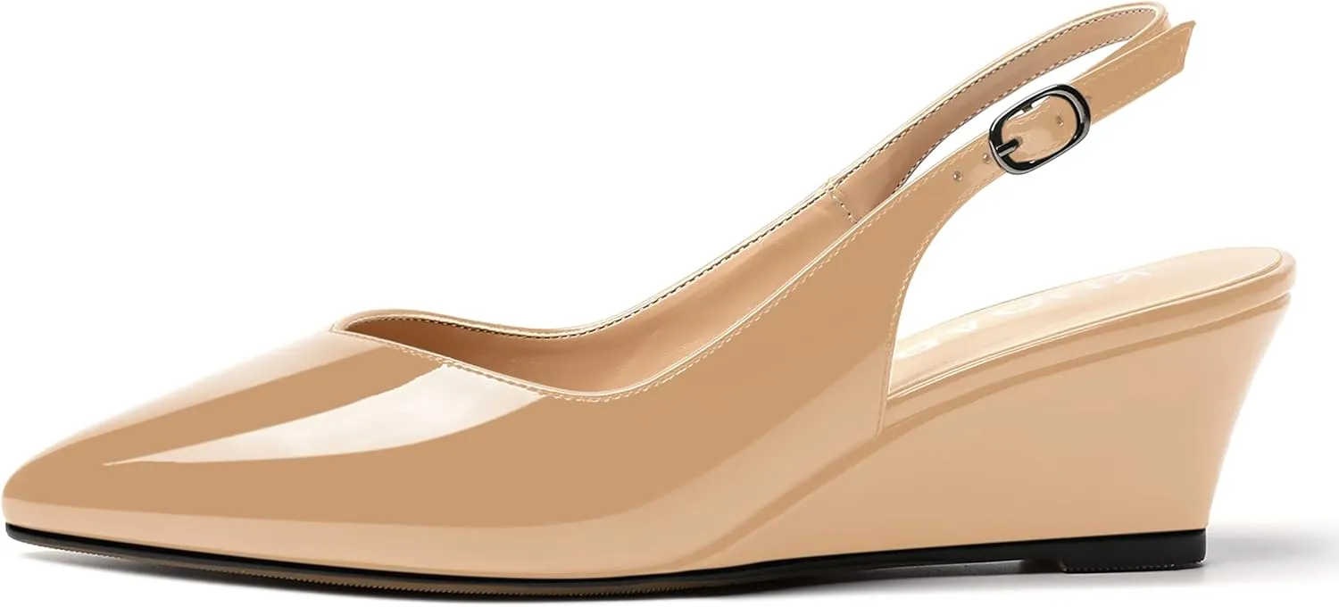 SHOWFOREST Women's Dating Adjustable Strap Buckle Solid Fashion Patent Pointed Toe Wedge Low Heel Pumps Shoes 2 Inch