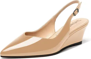 SHOWFOREST Women's Dating Adjustable Strap Buckle Solid Fashion Patent Pointed Toe Wedge Low Heel Pumps Shoes 2 Inch