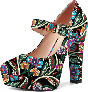 SHOWFOREST Womens Slip On Adjustable Strap Patent Party Platform Sexy Round Toe Block High Heel Pumps Shoes 5 Inch