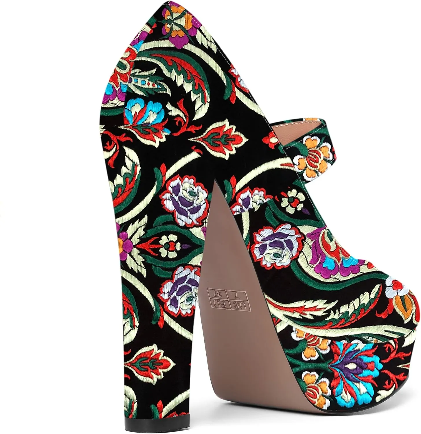 SHOWFOREST Womens Slip On Adjustable Strap Patent Party Platform Sexy Round Toe Block High Heel Pumps Shoes 5 Inch
