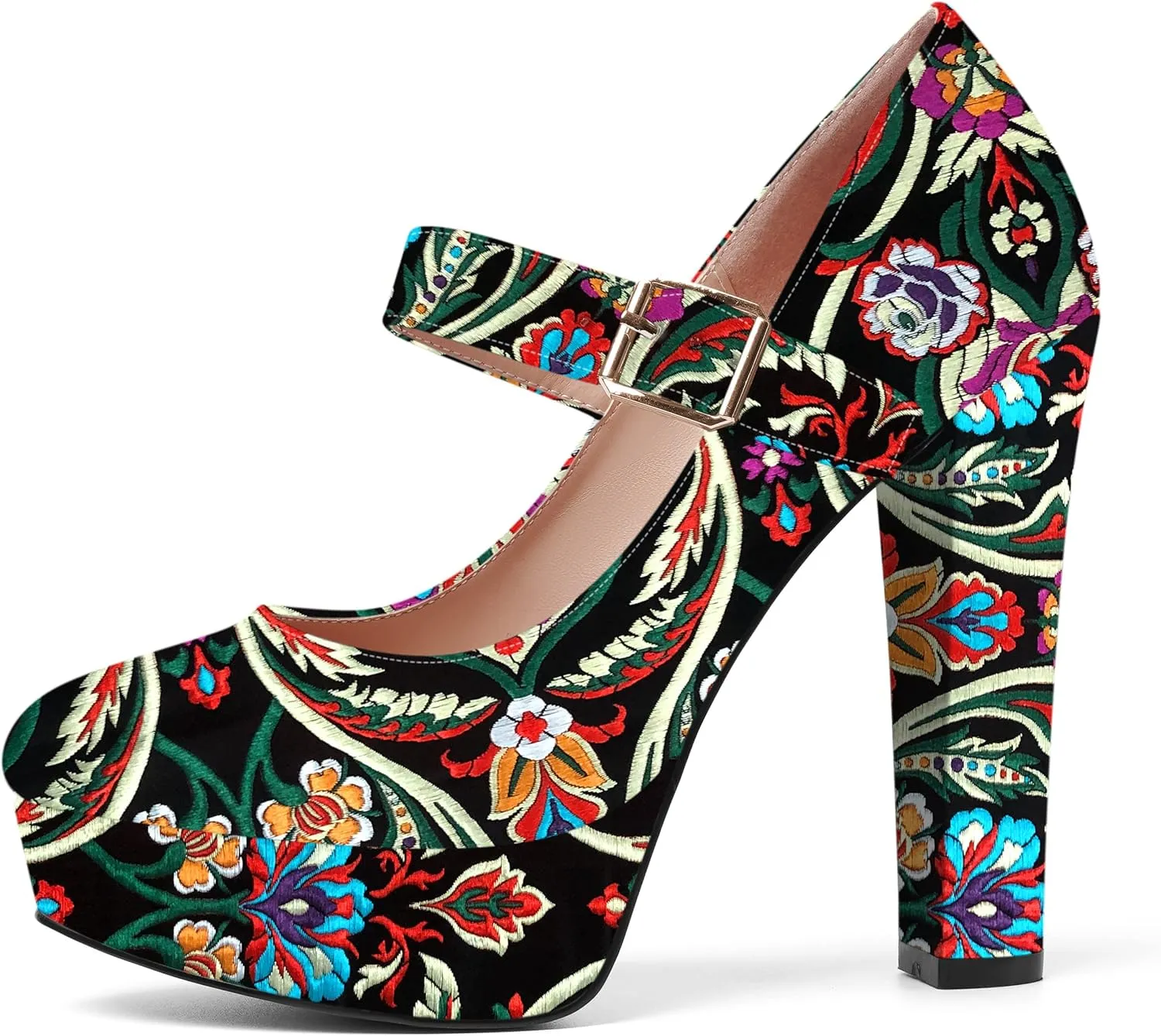 SHOWFOREST Womens Slip On Adjustable Strap Patent Party Platform Sexy Round Toe Block High Heel Pumps Shoes 5 Inch