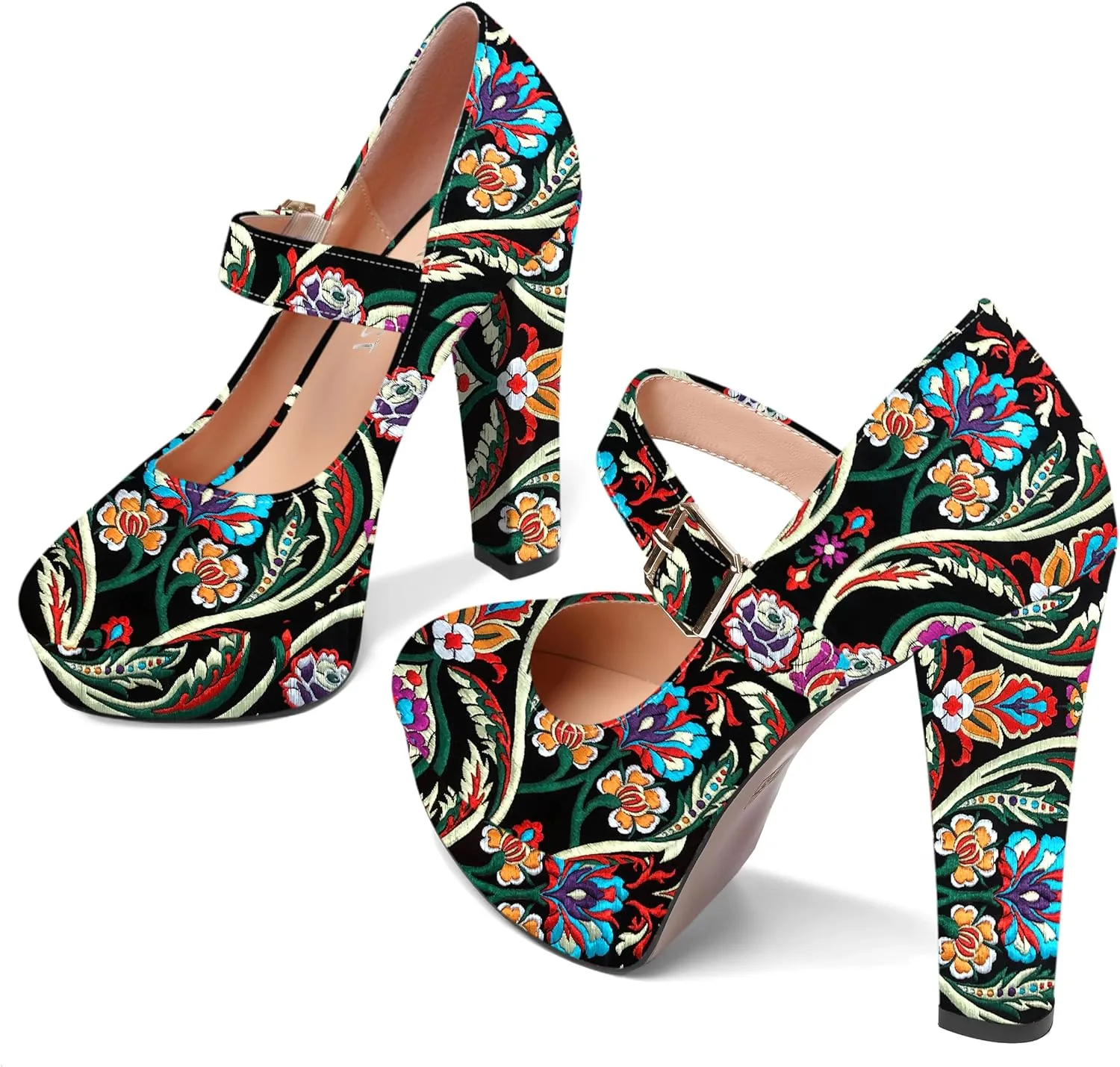SHOWFOREST Womens Slip On Adjustable Strap Patent Party Platform Sexy Round Toe Block High Heel Pumps Shoes 5 Inch