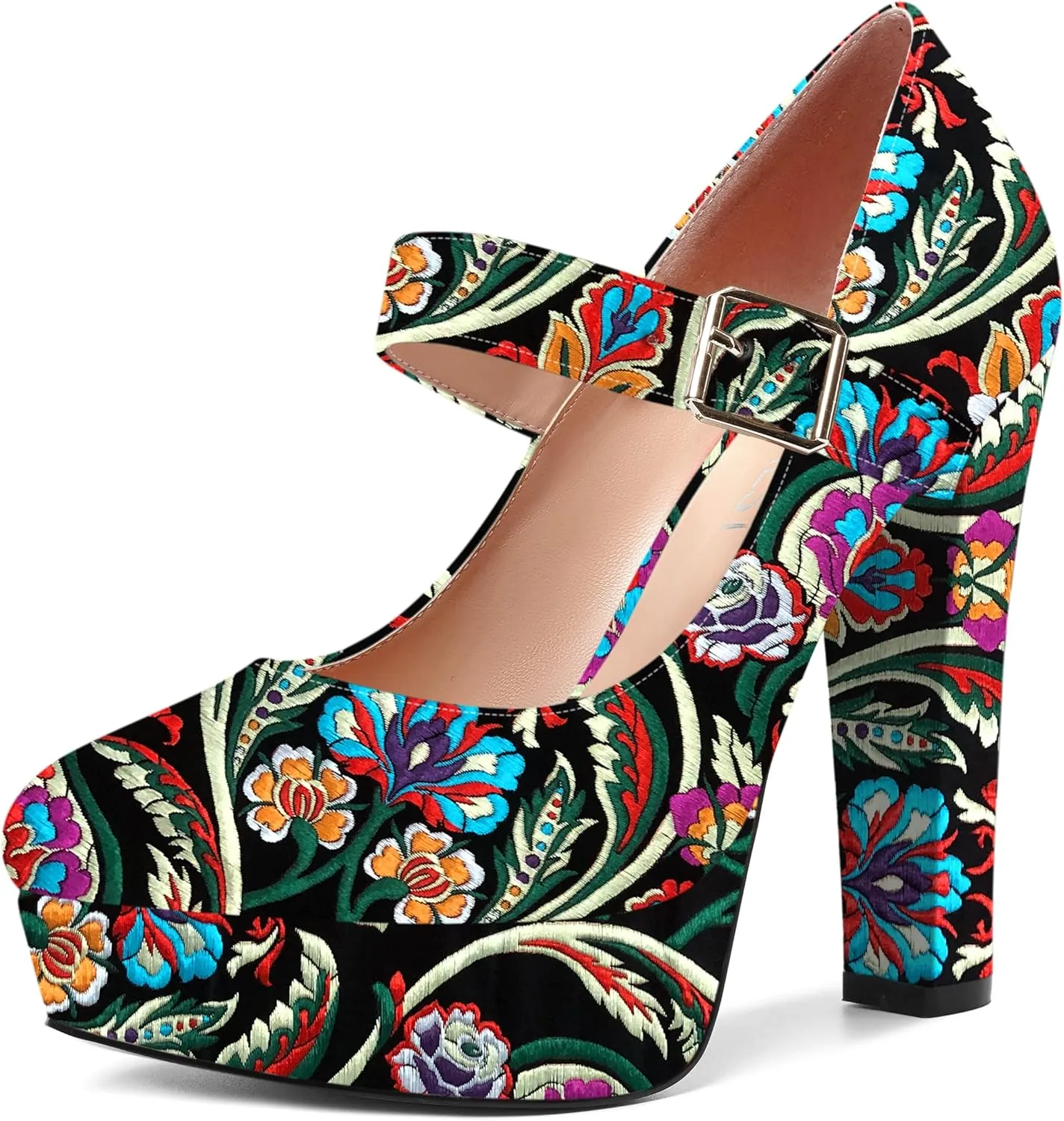 SHOWFOREST Womens Slip On Adjustable Strap Patent Party Platform Sexy Round Toe Block High Heel Pumps Shoes 5 Inch