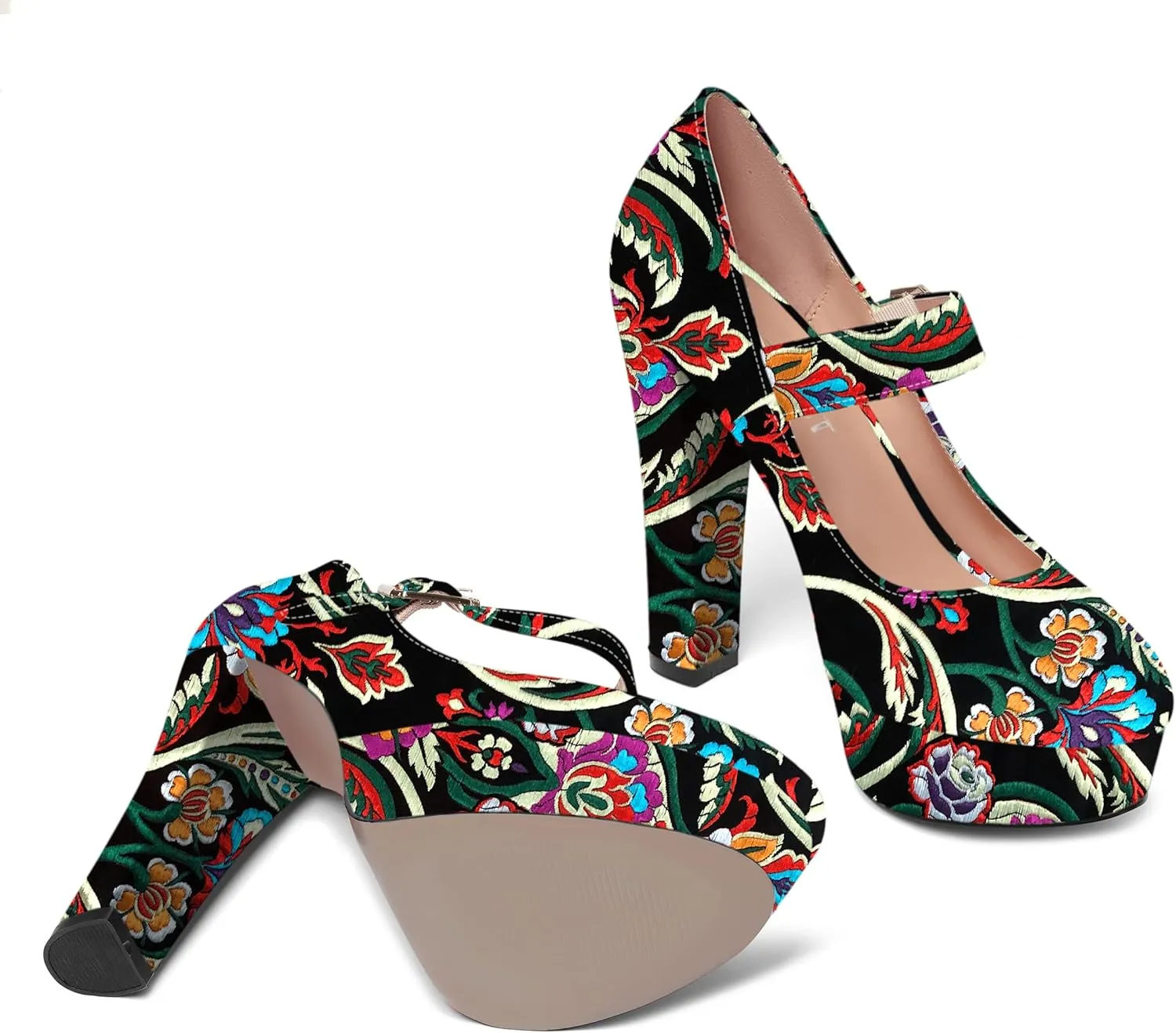 SHOWFOREST Womens Slip On Adjustable Strap Patent Party Platform Sexy Round Toe Block High Heel Pumps Shoes 5 Inch