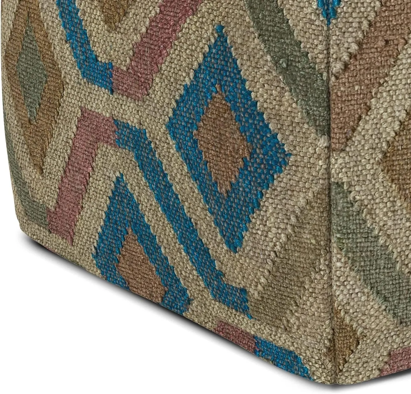 SIMPLIHOME Johanna Boho Square Pouf in Multi-Color KILIM Woven Jute for the Living Room, Bedroom and Kids Room