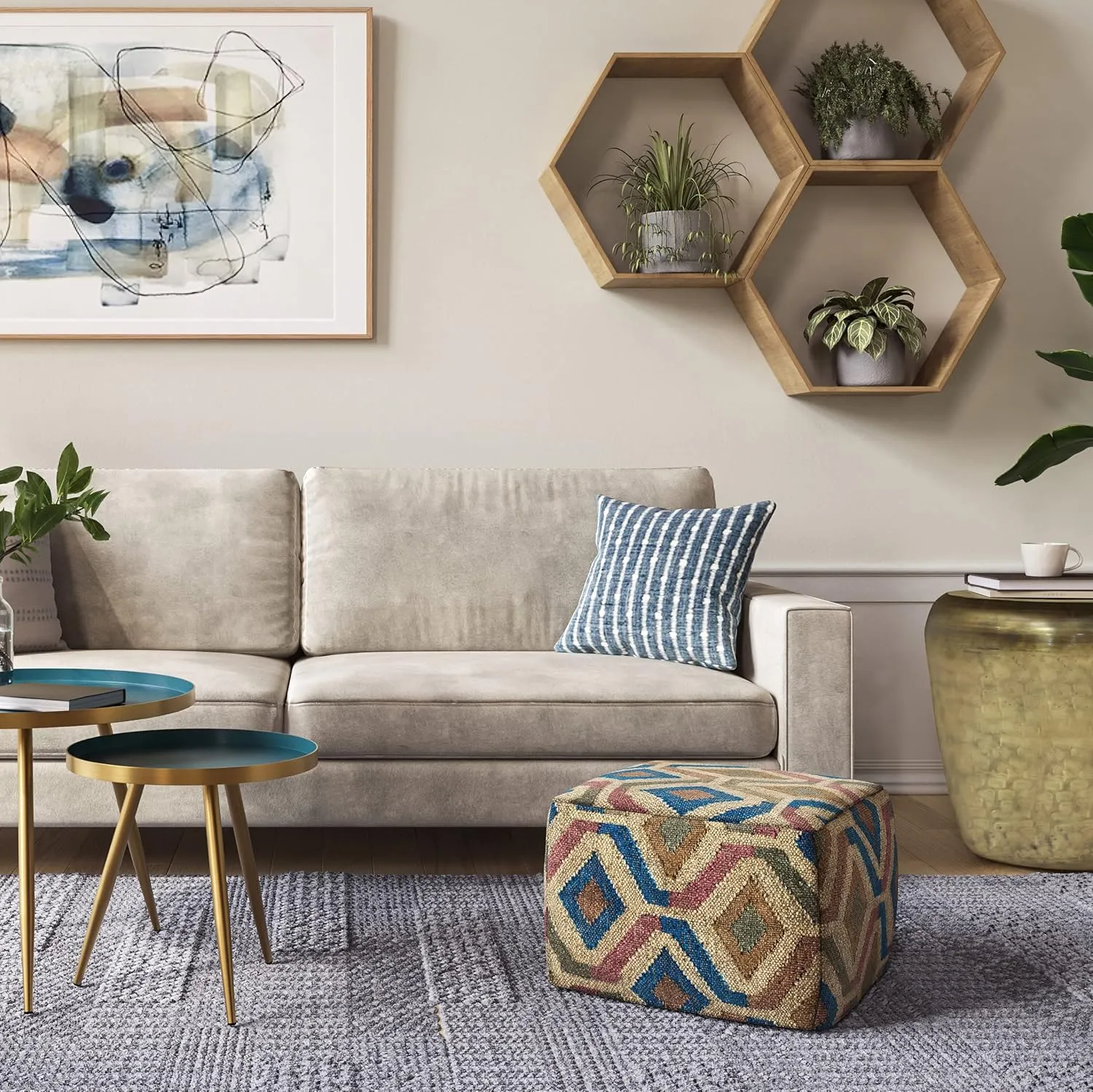SIMPLIHOME Johanna Boho Square Pouf in Multi-Color KILIM Woven Jute for the Living Room, Bedroom and Kids Room