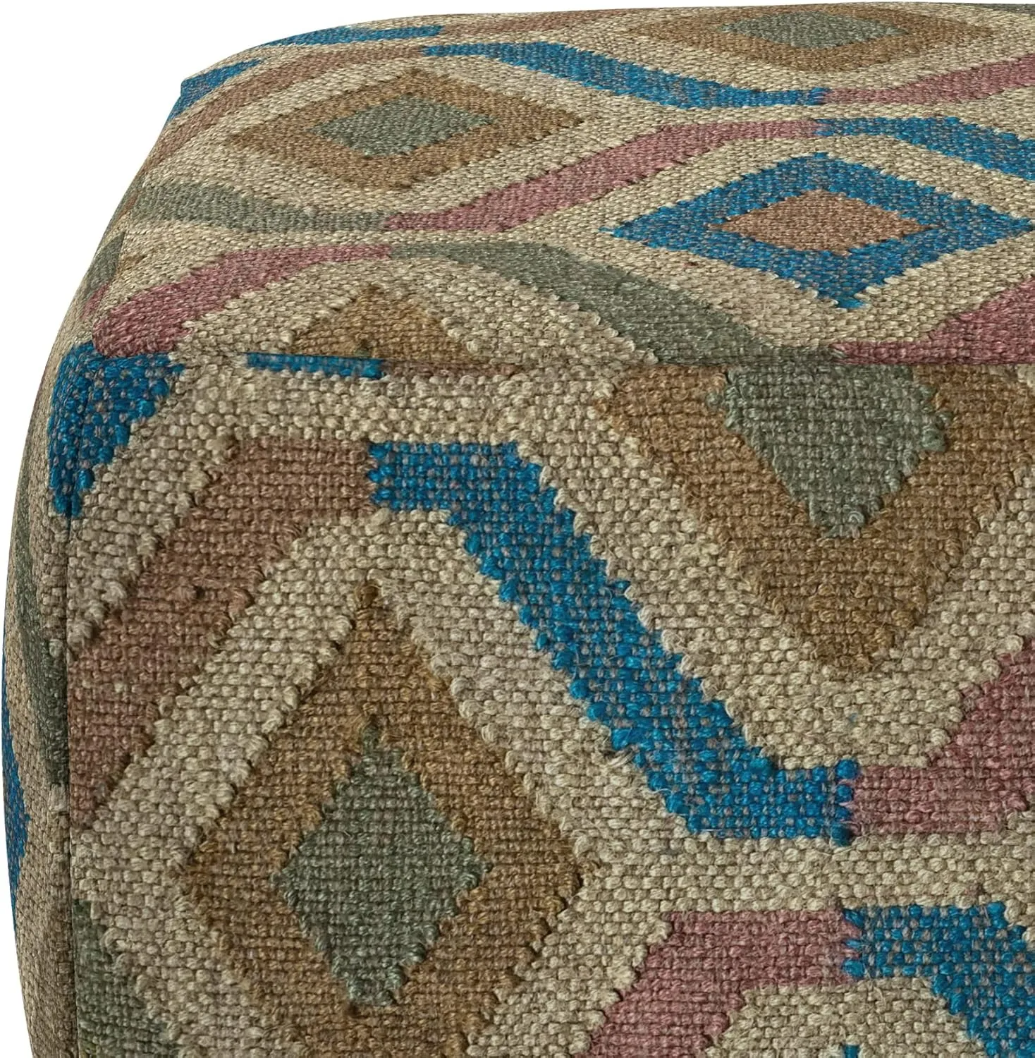 SIMPLIHOME Johanna Boho Square Pouf in Multi-Color KILIM Woven Jute for the Living Room, Bedroom and Kids Room